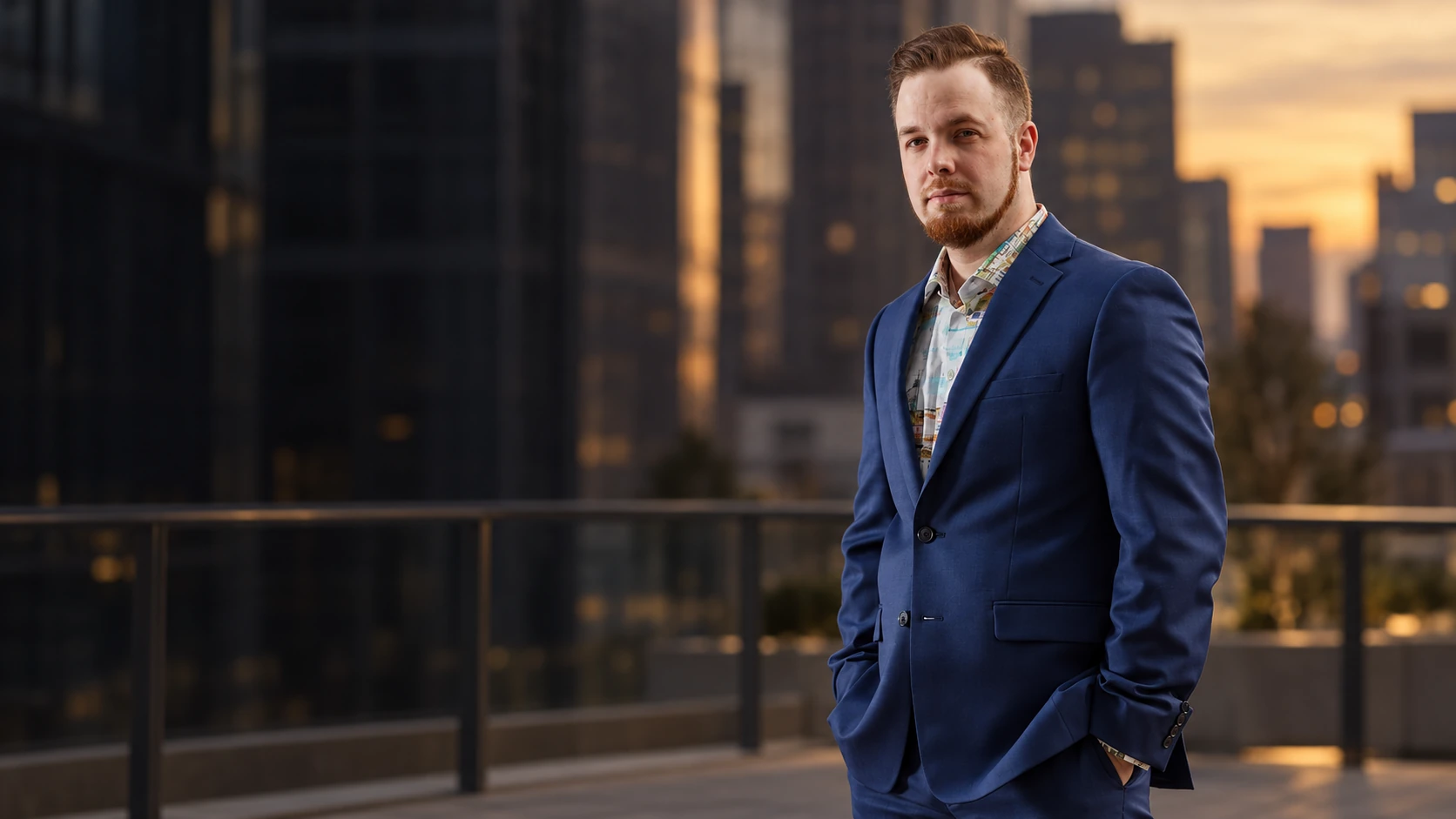 Tyler King in a navy suit, overlooking the city at dusk